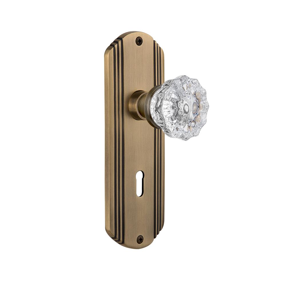 Nostalgic Warehouse DECCRY Complete Mortise Lockset Deco Plate with Crystal Knob in Antique Brass